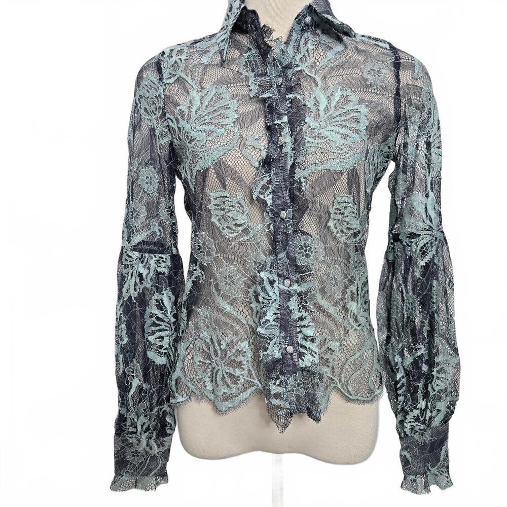 Alexis Julian Lace Top Women's XS Blue Sheer Balloon Sleeve Button Down Collared
